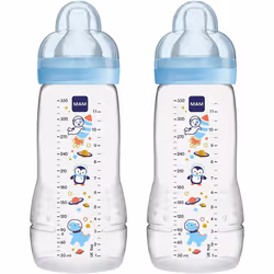 MAM Easy Active Baby Bottle with Fast Flow MAM Teats Size 3, Twin Pack of Baby Bottles, Baby Feeding, 330 ml, Blue (Designs M ...