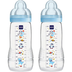 MAM Easy Active Baby Bottle with Fast Flow MAM Teats Size 3, Twin Pack of Baby Bottles, Baby Feeding, 330 ml, Blue (Designs May Vary)