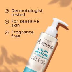 Aveeno Face Calm + Restore Nourishing Oat Cleanser Gently Cleanses, For Sensitive Skin,With Prebiotic Oat and Calming Feverfew, Fragrance Free, 200ml