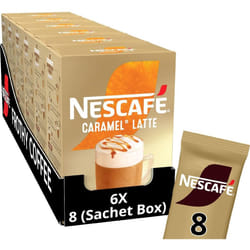 Nescafe Caramel Latte Instant Coffee 8 x 17g Sachets, 100% Responsibly Sourced Coffee (Pack of 6)