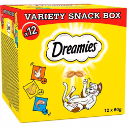 Dreamies Variety Snack Box 12 x 60 g Pouches, Cat Treats Tasty Snacks with Delicious Chicken, Salmon and Cheese Flavours