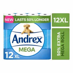 Andrex Classic Clean Mega Toilet Roll - 12 Mega XL Rolls - Same Quality Toilet Roll, Lasts Even Longer, 12 Mega Toilet Rolls = 18 Standard Toilet Roll