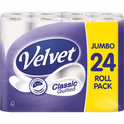 Velvet Classic Quilted Toilet Paper Bulk Buy, 24 White 3 ply Toilet Tissue Rolls, 24 Count (Pack of 1)