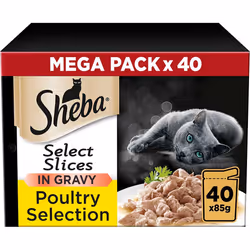 Sheba Select Slices Poultry Collection in Gravy 40 Pouches, Adult Wet Cat Food, Megapack (40 x 85 g)