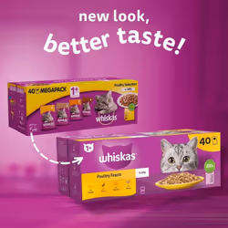 Whiskas 1 plus Adult Poultry Selection in Jelly 40 Pouches, Adult Wet Cat Food, Megapack (40 x 85 g)