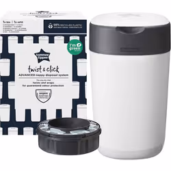 Tommee Tippee Twist and Click Advanced Nappy Bin Eco-Friendlier System Includes 1x Refill Cassette with Sustainably Sourced A ...