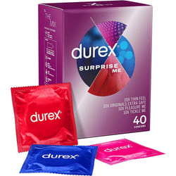Durex Surprise Me Mix Variety Assortment Pack, 40 Condoms, Dotted, Ribbed, Thin, Extra Safe (Packaging May Vary)