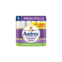 Andrex Supreme Quilts Mega Toilet Roll - 9 Mega Rolls (13.5 Standard Toilet Rolls), 3-ply Quilted Toilet Paper, 25% Thicker Paper than Before to