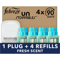 Febreze Unstoppables 3Volution Plug In Air Freshener Starter Kit, Plug-In Diffuser: 1 Plug + 4 Refill Sets, Electronic Odour Eliminator For Home