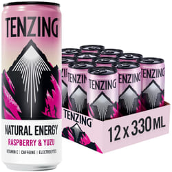TENZING Natural Energy Drink, Plant Based, Vegan, & Gluten Free Drink, Raspberry & Yuzu, 330ml (Pack of 12) - Packaging may vary