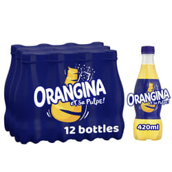 Orangina Sparkling Orange Drink - 12 x 420ml Bottles - Orange Flavour Juice Drink with Real Orange Pulp - Made with Sugar and Sweeteners - No Added