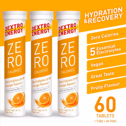 Dextro Energy Zero Calories I Recovery and Hydration Electrolyte Drink I Zero Effervescent Tablets I Orange | 3 Tubes, 60 Tablets |