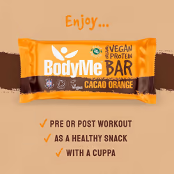 BodyMe Organic Vegan Protein Bar | Raw Cacao Orange | 12 x 60g Vegan Protein Snack Bars | Gluten Free | 16g Complete Protein | 3 Plant Proteins All