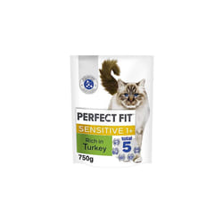 Perfect Fit Sensitive Adult 1+ Complete Dry Cat Food for Adult Cats Aged 1+ Years, Rich in Turkey, 4 Bags (750 g)