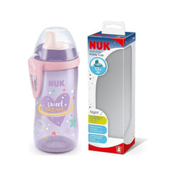 NUK Kiddy Cup Night Toddler Cup 12+ Months 300 ml Leak-Proof Toughened Spout Glow in The Dark Clip & Protective Cap BPA-Free Purple
