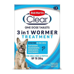 Bob Martin Clear 3 in 1 Wormer Tablets for Small Dogs & Puppies (up to 20kg) Clinically Proven Treatment (2 Tablets)