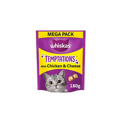 WHISKAS Temptations - Tasty, Crunchy Treats for Adult Cats, Small Bite Size Snacks with a Delicious Chicken and Cheese Filling, 4 x 180 g Packets -