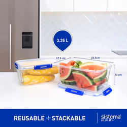 Sistema KLIP IT PLUS Food Storage Containers 3.35L Leak Proof Stackable & Freezer Containers w/ Lids BPA-Free Plastic Recyclable w/ Blue Clips 3Count