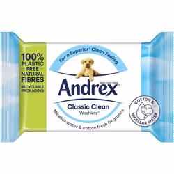 Andrex Classic Washlets 12 Packs Flushable Toilet Tissue Wipes Micellar Water-Biodegradable & Plastic-Free Use Regular Toilet Roll Shower Fresh Clean