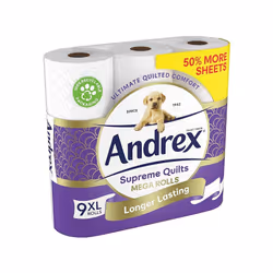 Andrex Supreme Quilts Mega Toilet Roll 9 Mega Rolls 13.5 Standard 3 ply 25 Thicker Paper than Before to Provide Ultimate Quilted Comfort