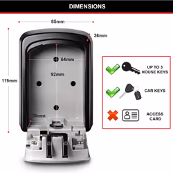 MASTER LOCK Key Safe Wall Mounted, Medium 85 x 119 x 36 mm, Outdoor, Mounting Kit, for Home Office Industries Vehicles, Black & Silver