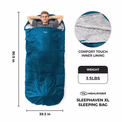 HIGHLANDER Extra Wide Rectangular Sleeping Bag For Adults - 1.6kg Lightweight Warm Snuggle Sleeping Bag