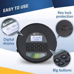 KLIM Nomad - NEW 2024 - Portable CD Player Walkman with Long-lasting Battery - With Headphones - Radio FM - Compatible MP3 CD Player Portable - TF