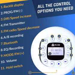 KLIM Journey + Portable CD Player Walkman with Long-lasting Battery + NEW + With Headphones + Radio FM + Compatible MP3 CD Player Portable + SD Card,