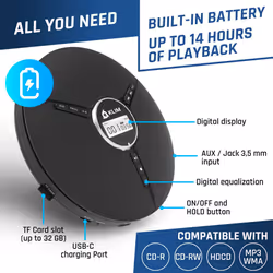 KLIM Discman with Headphones - Portable CD Player with Headphones - New 2024 Version + Ideal Car CD Player + Compatible CD-R, CD-RW, MP3. Compact Mini