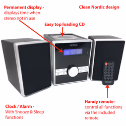 Denver Mini HiFi System CD Player For Home With Speakers - CD Micro System Mains Operated with FM Radio, Clock Radio Alarm, Snooze & Sleep, AUX IN,
