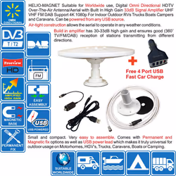 HELIO - Omnidirectional Amplified Digital HD TV Aerial Antenna 33dB High Gain Booster. Freeview UHF FM DAB. 12V / 24V ideal for Motorhome HGV Truck
