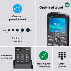 Doro 1880 4G unlocked basic bar mobile phone for seniors with loud and clear sound, large buttons, assistance button and USB C charging with cradle.