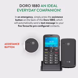Doro 1880 4G unlocked basic bar mobile phone for seniors with loud and clear sound, large buttons, assistance button and USB C charging with cradle.