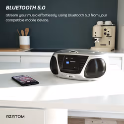DAB DAB+ CD playe, FM Radio, Wireles Bluetooth, Stereo Speaker System, Clock, USB player (AZATOM Zenith Z4 Silver)