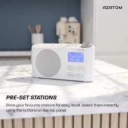 DAB DAB+ FM Digital Radio, Bluetooth, Portable, Dual Alarm, Rechargeable Battery & Mains, AUX, Headphone, 60 Presets, Sleep timer (Azatom Solo White)
