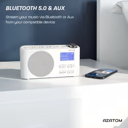DAB DAB+ FM Digital Radio, Bluetooth, Portable, Dual Alarm, Rechargeable Battery & Mains, AUX, Headphone, 60 Presets, Sleep timer (Azatom Solo White)
