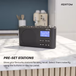 DAB DAB+ FM Digital Radio, Bluetooth, Portable, Dual Alarm, Rechargeable Battery & Mains, AUX, Headphone, 60 Presets, Sleep timer (Azatom Solo Black)