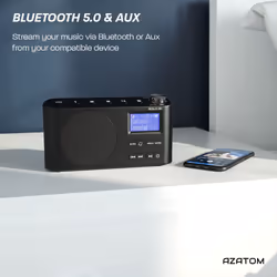 DAB DAB+ FM Digital Radio, Bluetooth, Portable, Dual Alarm, Rechargeable Battery & Mains, AUX, Headphone, 60 Presets, Sleep timer (Azatom Solo Black)