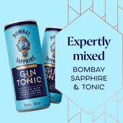 Bombay Sapphire Premium Gin & Tonic, Ready-To-Drink Pre-Mixed Cocktail Can, Vapour Infused London Dry Gin, Natural Flavours & Premium Tonic Water,