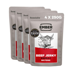 Ember Snacks: Biltong Beef Jerky Chilli Flavour (4 x 250g = 1kg total) - Protein Keto Snacks, Bulk Bags - Resealable for On The Go Snack - From