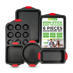 Nutrichef 6-Piece Steel Nonstick Bakeware Set - Carbon Steel Baking Tray Set w/Heatsafe Red Silicone Handles, Oven Safe Up to 450?F, Loaf Muffin