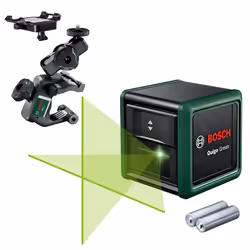 Bosch cross line laser Quigo Green with universal clamp MM 2 (green laser for better visibility, housing made of recycled pla ...