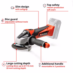 Einhell Power X-Change 115mm (4 Inch) Cordless Angle Grinder - 18V Disc Battery Grinder For Cutting, Grinding And Polishing - TE-AG 18/115 Li Solo