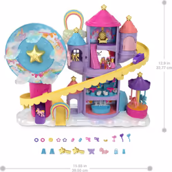 Polly Pocket Rainbow Funland Theme Park, 3 Rides, 7 Play Areas, Polly and Shani Dolls, 2 Unicorns & 25 Surprise Accessories (30 Total Play Pieces),