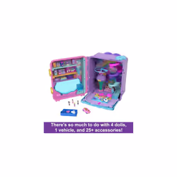 Polly Pocket Dolls, Playset and Travel Toys, 4 Dolls, 1 Vehicle, 25+ Accessories, Resort Roll Away, HKV43