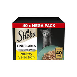 Sheba Fine Flakes Poultry Collection in Jelly 40 Pouches, Adult Wet Cat Food, Megapack , 85 g (Pack of 40)