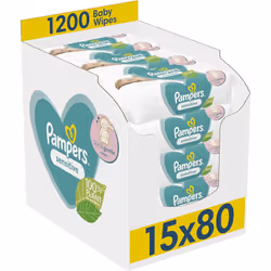 Pampers Sensitive Baby Wipes 15 Packs of 80 = 1200 Baby Wet Wipes, Unscented, For a Soft And Gentle Clean