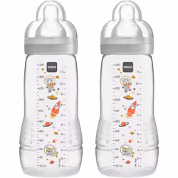 MAM Easy Active Baby Bottle with Fast Flow MAM Teats Size 3, Twin Pack of Baby Bottles, Baby Feeding, 330 ml, Grey (Designs M ...