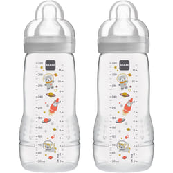 MAM Easy Active Baby Bottle with Fast Flow MAM Teats Size 3, Twin Pack of Baby Bottles, Baby Feeding, 330 ml, Grey (Designs May Vary)