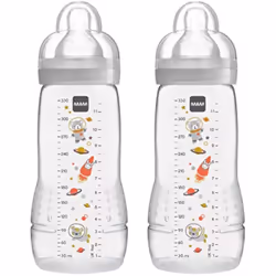 MAM Easy Active Baby Bottle with Fast Flow MAM Teats Size 3, Twin Pack of Baby Bottles, Baby Feeding, 330 ml, Grey (Designs May Vary)